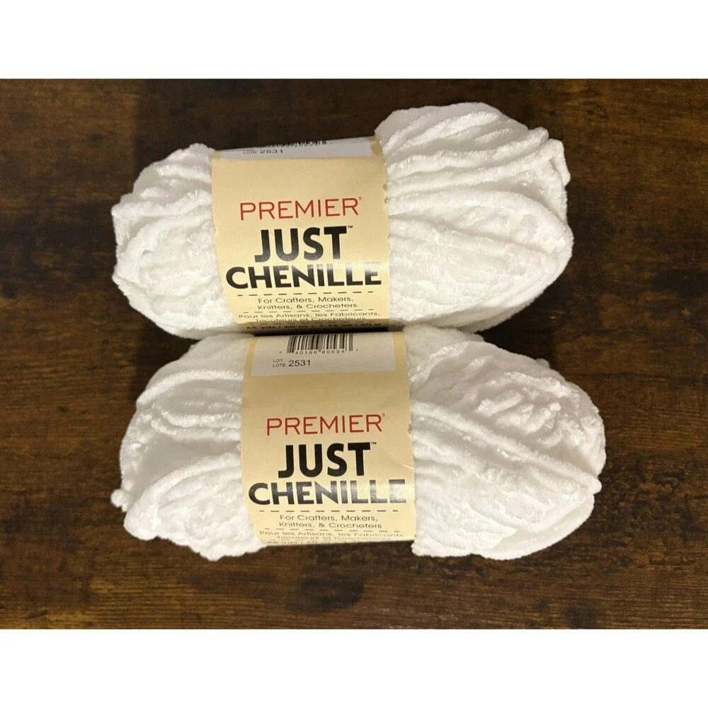 Premier Just Chenille Yarn White 65 Yds 1.76 Oz Super Bulky 2 Skeins Lot 2531